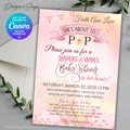 She’s About to Pop Baby Shower Invitation | Editable Canva Template | Pink Watercolor Balloon Theme | Custom Party Printable 5x7 Invite