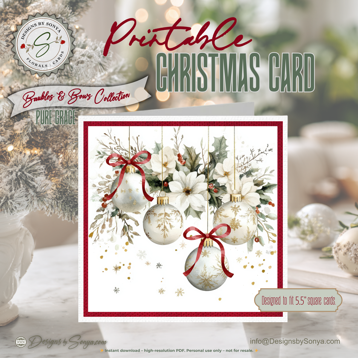 Printable Christmas Card | Red Bow Ornaments with Holly & Winter Florals | Elegant Holiday Card