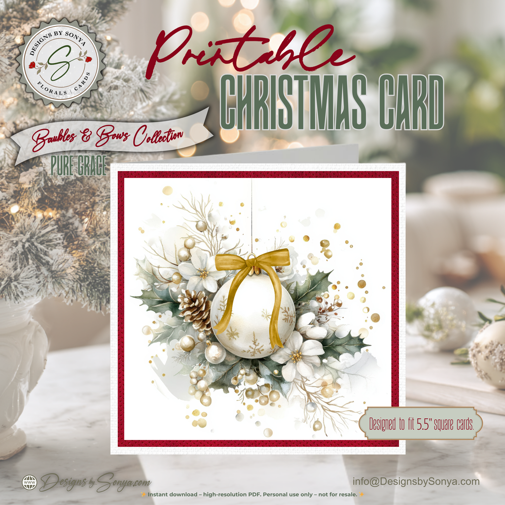 Printable Christmas Card | Gold Bow Ornament with Holly, Pinecones & Winter Florals | Elegant Holiday Card