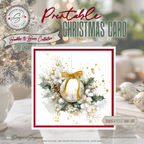 Printable Christmas Card | Gold Bow Ornament with Holly, Pinecones & Winter Florals | Elegant Holiday Card