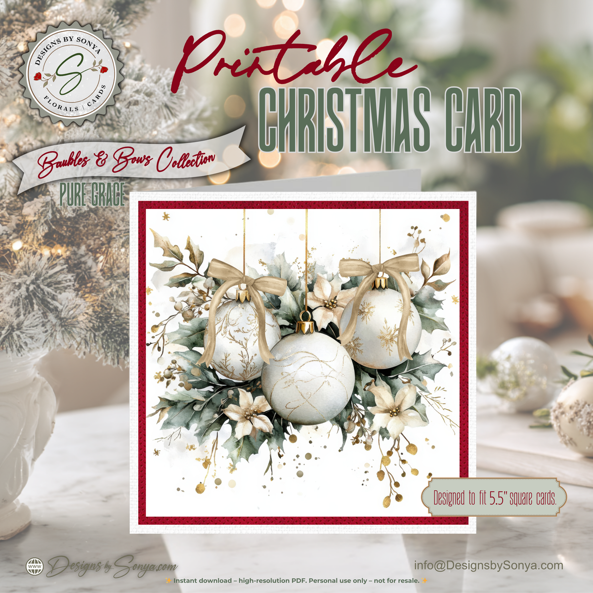 Printable Holiday Card | White & Gold Christmas Ornaments with Poinsettias | Elegant Square Card