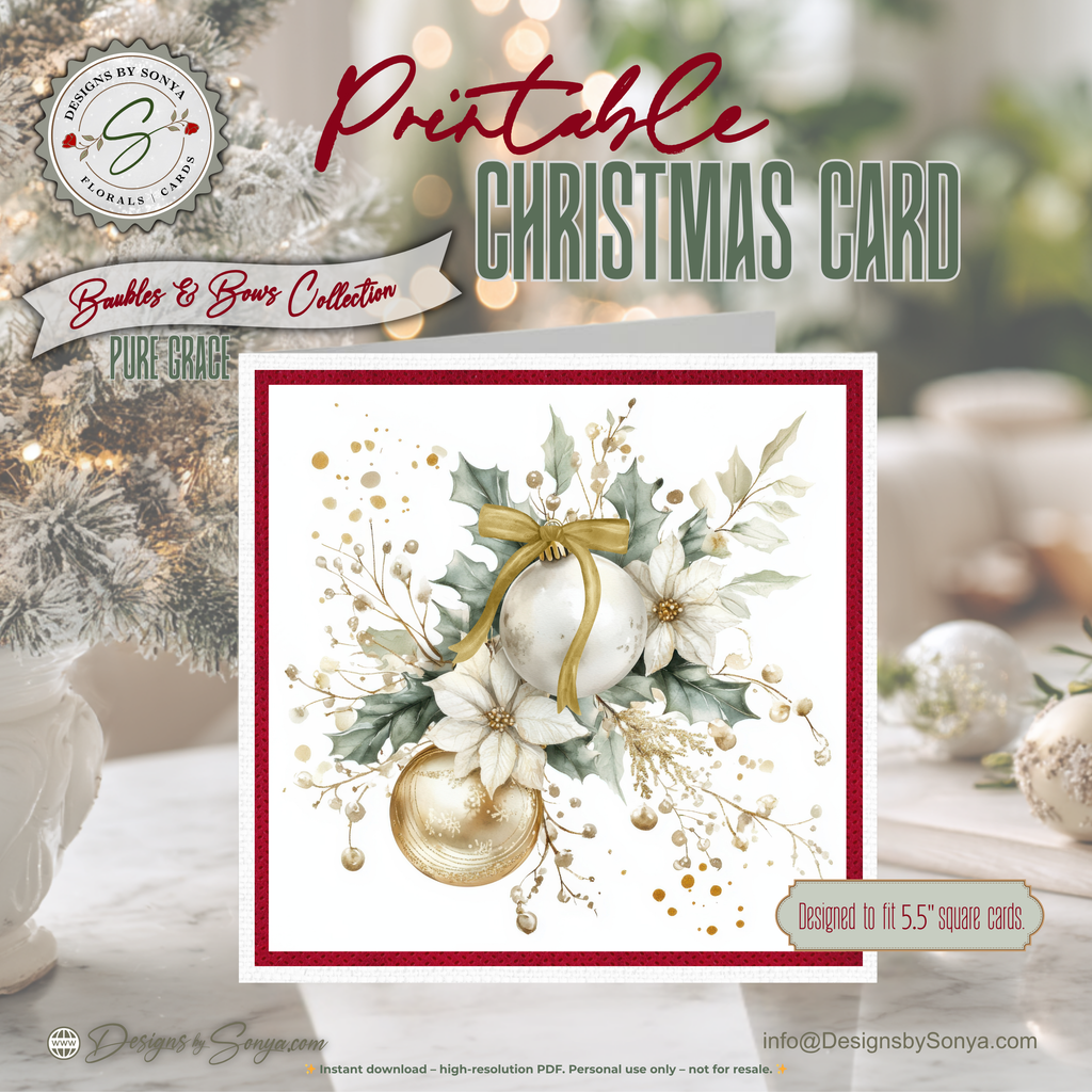 Printable Christmas Card | Gold Bow Ornaments with Evergreen & Pinecones | Elegant Holiday Card
