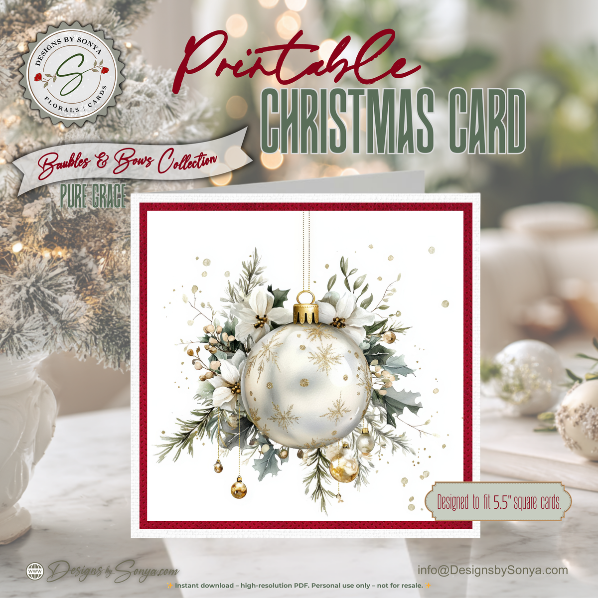 Elegant Printable Christmas Card | White & Gold Ornament with Winter Greenery | Holiday Greeting Card