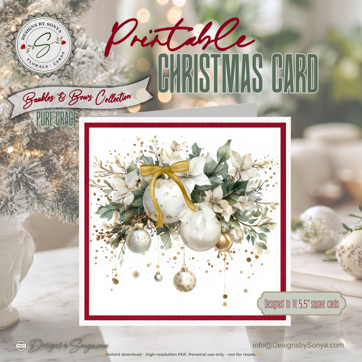 Printable Christmas Greeting Card | Gold & White Ornaments with Poinsettias | Elegant Watercolor Holiday Card