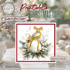 Watercolor Christmas Card Printable | Gold Ribbon Ornaments & Evergreen | Elegant Square Holiday Card