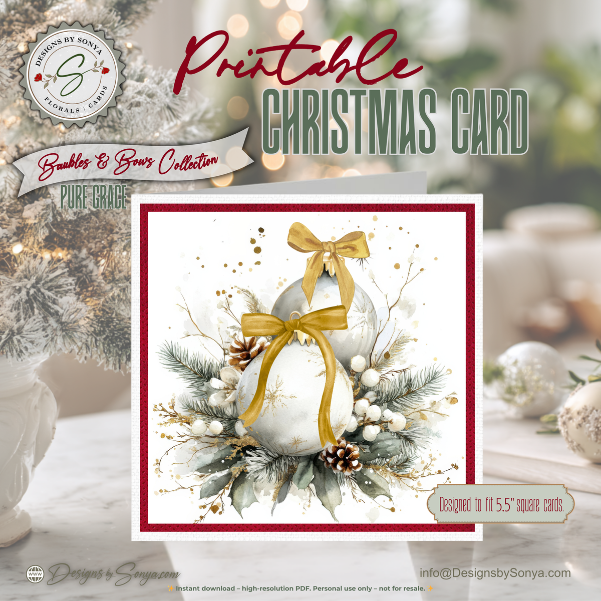 Watercolor Christmas Card Printable | Gold Ribbon Ornaments & Evergreen | Elegant Square Holiday Card