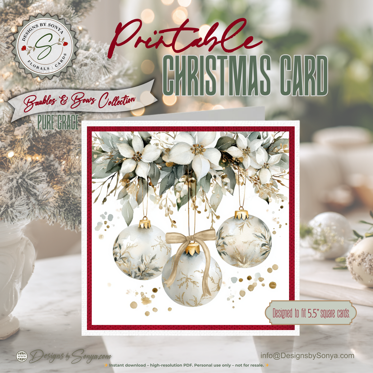 Watercolor Christmas Card Printable | White Ornaments & Winter Florals | Elegant Holiday Greeting Card