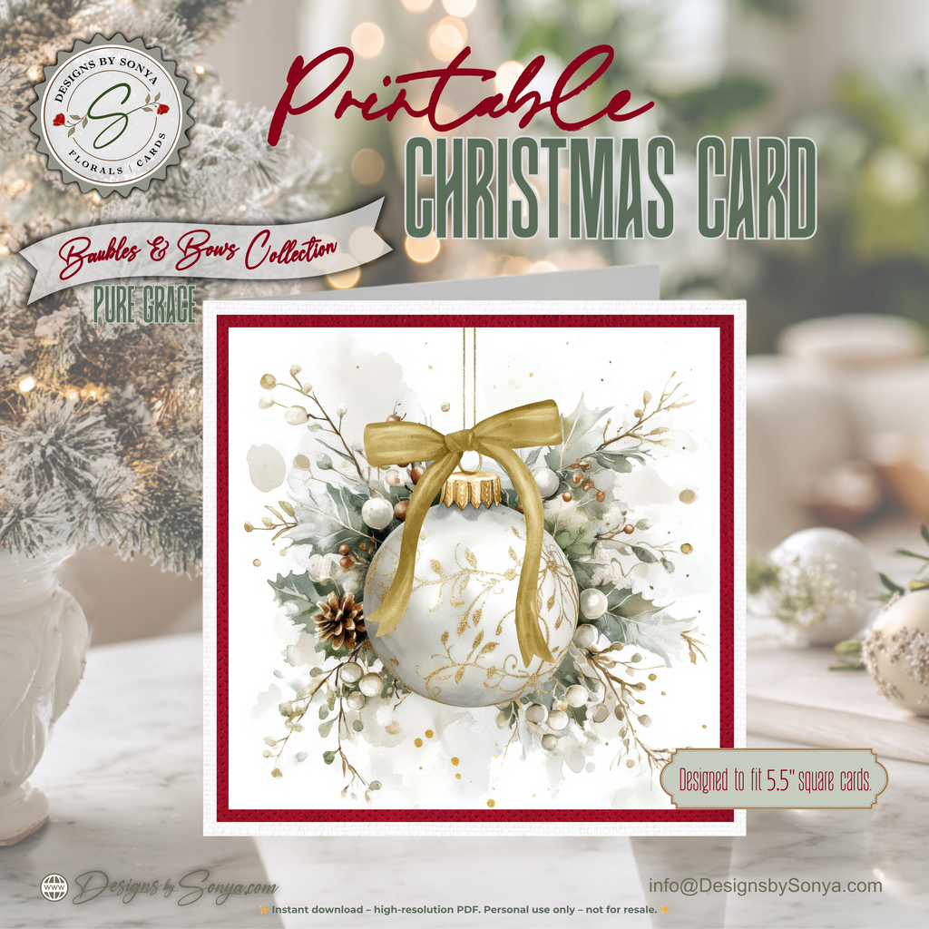 Elegant Printable Christmas Card | Gold Bow Ornament with Holly & Pinecones | Watercolor Holiday Card