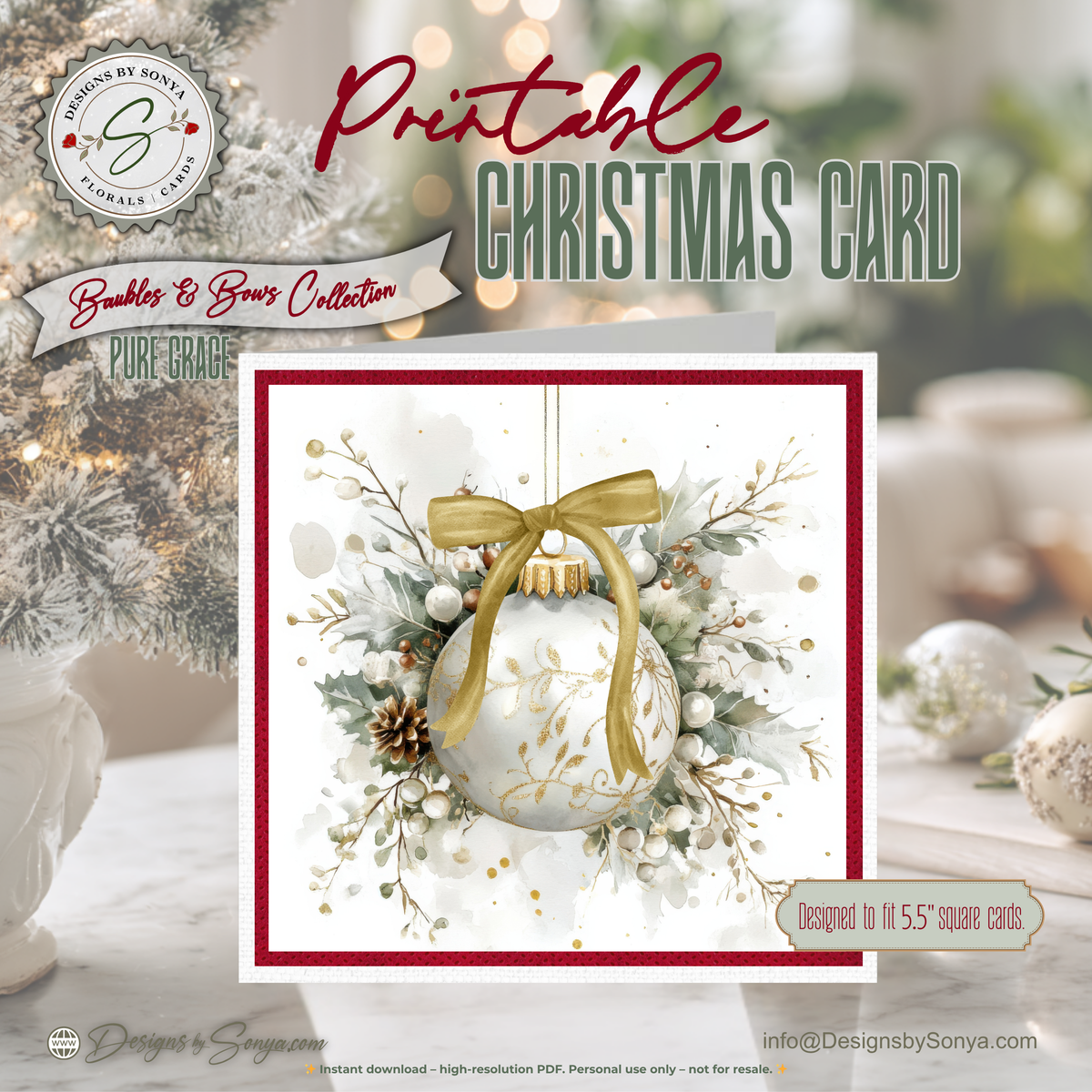 Elegant Printable Christmas Card | Gold Bow Ornament with Holly & Pinecones | Watercolor Holiday Card