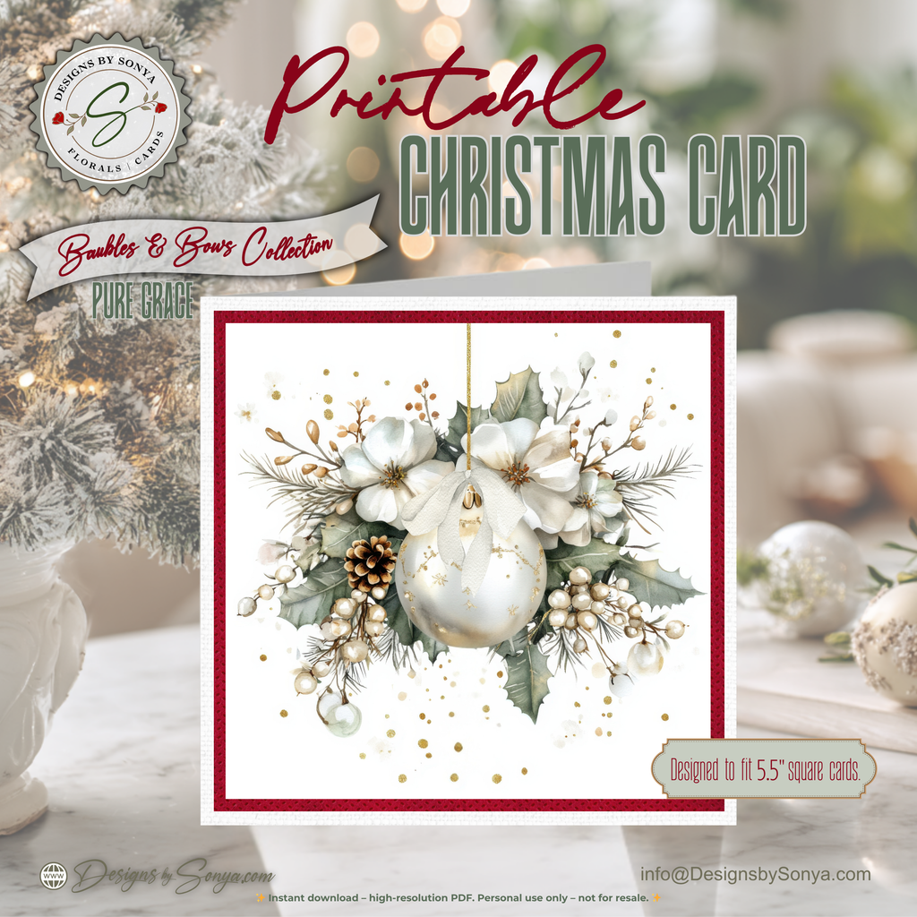 Printable Christmas Card | White Ornament with Poinsettias & Holly | Elegant Watercolor Holiday Card