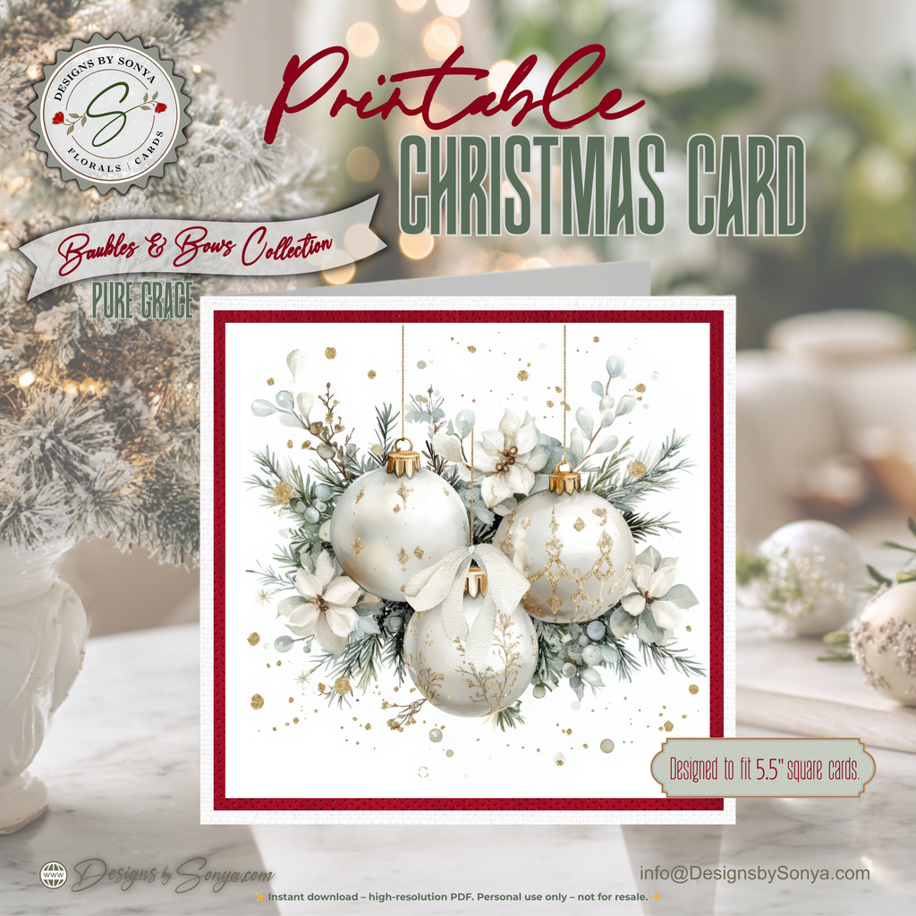 Elegant Christmas Card Printable | White & Gold Ornaments with Winter Florals | Square Holiday Card