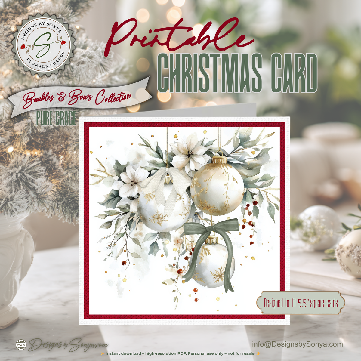 Elegant Printable Christmas Card | Watercolor Ornaments with Bows & Winter Florals | Holiday Greeting Card