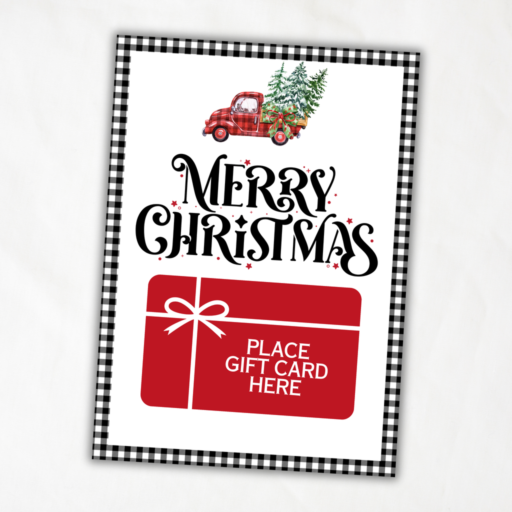 Printable Christmas Gift Card Holder | Red Vintage Truck & Buffalo Plaid | Holiday Gift Card Holder | Matching Envelope
