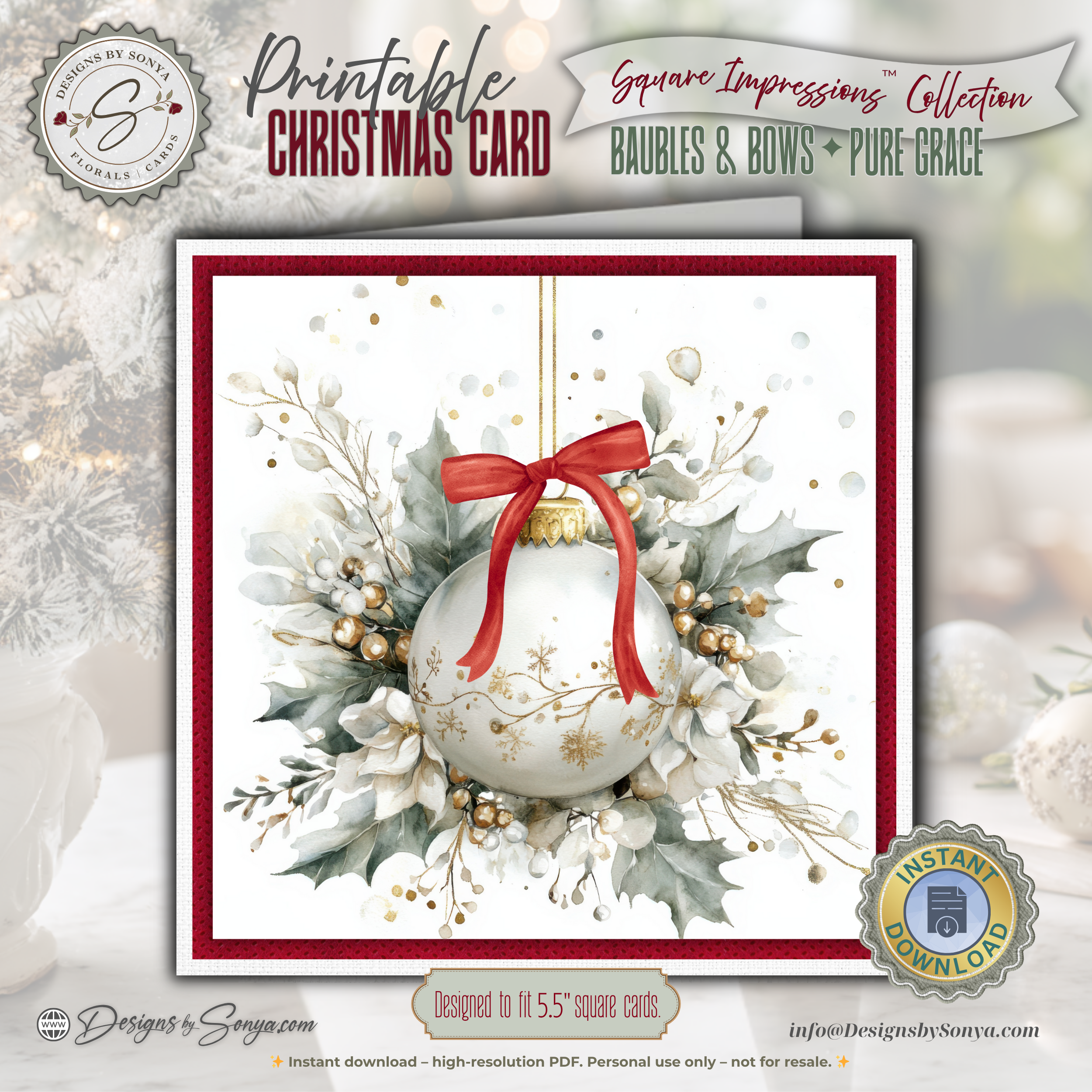 Printable Christmas Card – Watercolor Ornament with Red Bow, Holiday Greeting Card for Friends, Neighbors, Teachers, Coworkers, Family, Ministries