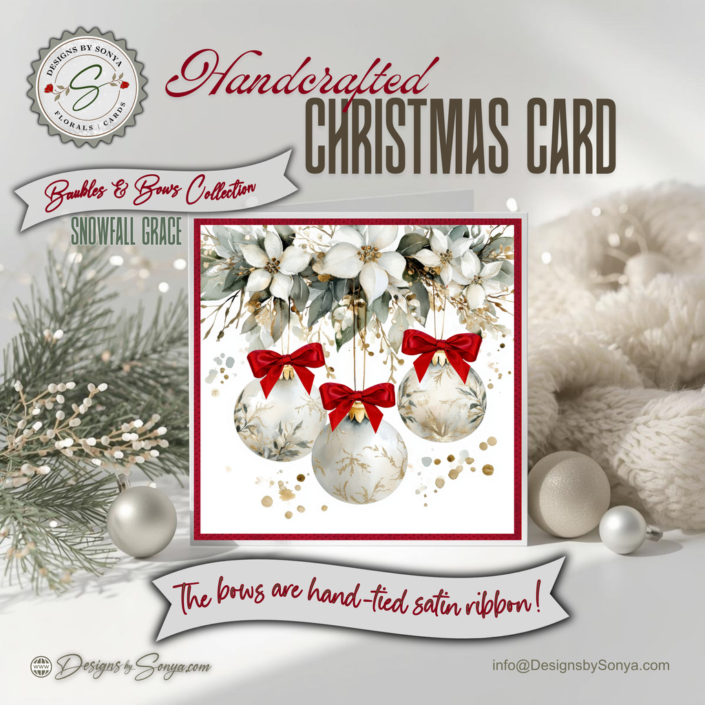 Handcrafted Ornament Design Christmas Card – Unique 7.25” Square Holiday Greeting, Red Satin Bows, Choice of 7 Interior Verses or Custom