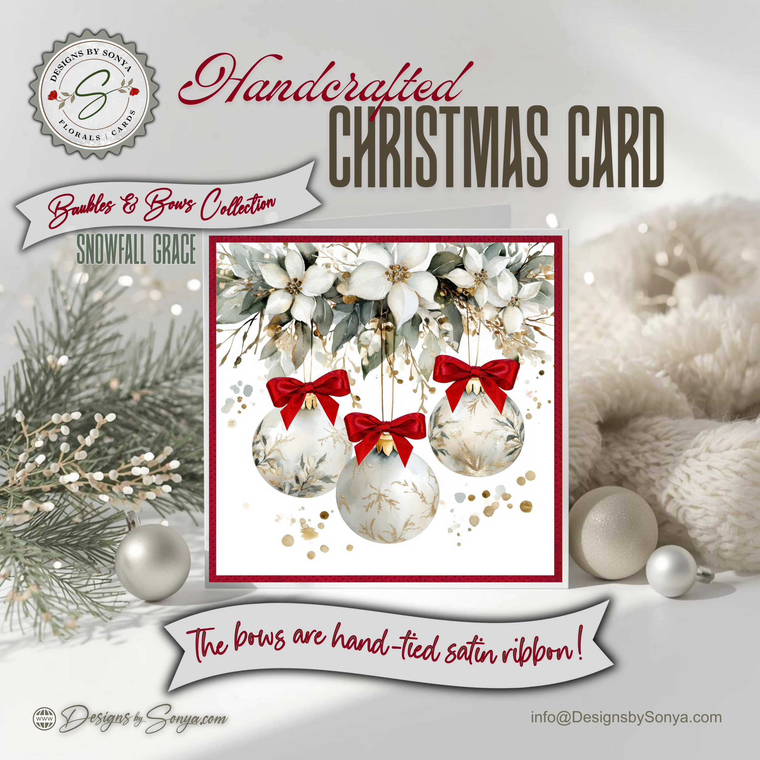 Handcrafted Ornament Design Christmas Card – Unique 7.25” Square Holiday Greeting, Red Satin Bows, Choice of 7 Interior Verses or Custom