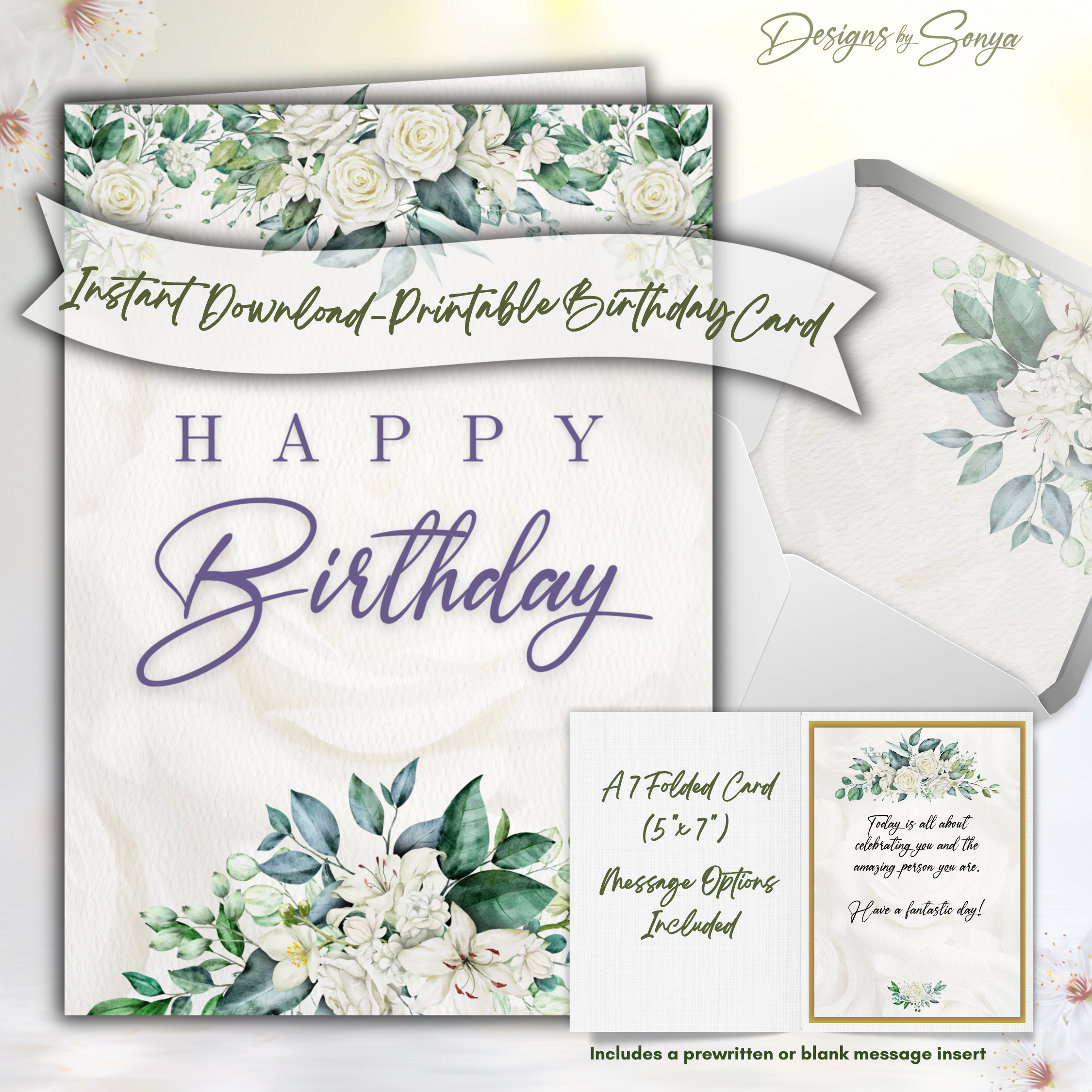 White Rose Birthday Card Front
A7 5x7 printable birthday card with watercolor white roses and eucalyptus, “Happy Birthday” script, textured paper effect, instant download for print-at-home use.