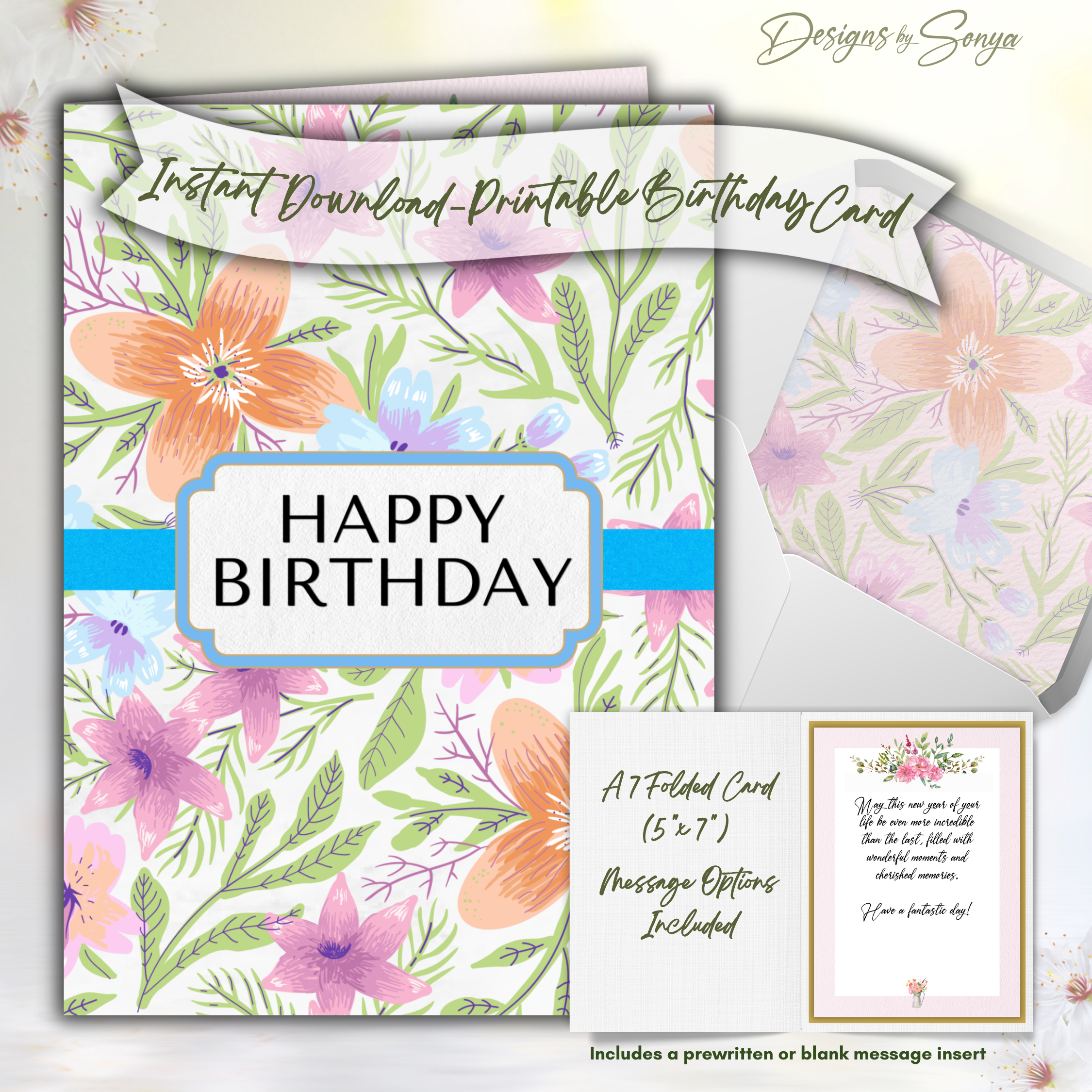Floral Birthday Card Front
Printable A7 5x7 birthday card with a colorful floral pattern and “Happy Birthday” label; instant download, print-at-home greeting.