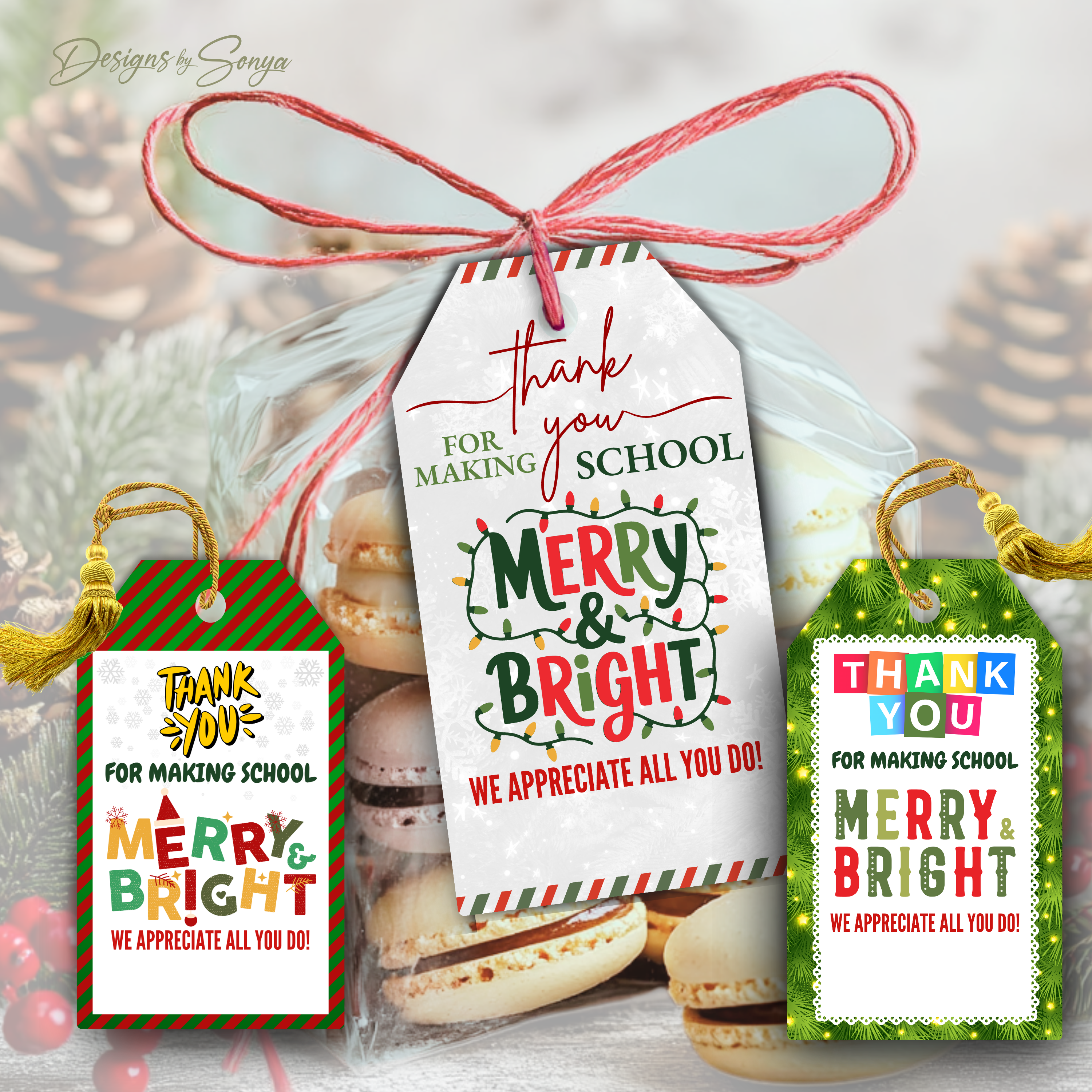 Christmas Teacher Gift Tags Set
Three festive printable holiday tags with “Thank You for Making School Merry & Bright” designs, perfect for teacher and staff appreciation gifts.