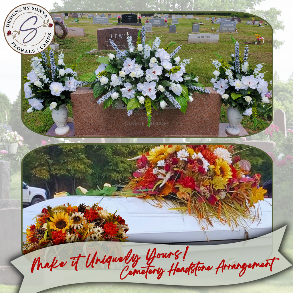 White & Fall Tribute Headstone Saddle
Custom silk headstone saddle arrangement featuring elegant white lilies and delphiniums beside a granite headstone, paired with a vibrant autumn design of sunflowers, orange, and red florals. Durable and handcrafted for lasting memorial beauty.
