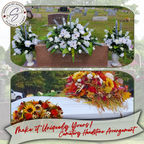 White & Fall Tribute Headstone Saddle
Custom silk headstone saddle arrangement featuring elegant white lilies and delphiniums beside a granite headstone, paired with a vibrant autumn design of sunflowers, orange, and red florals. Durable and handcrafted for lasting memorial beauty.