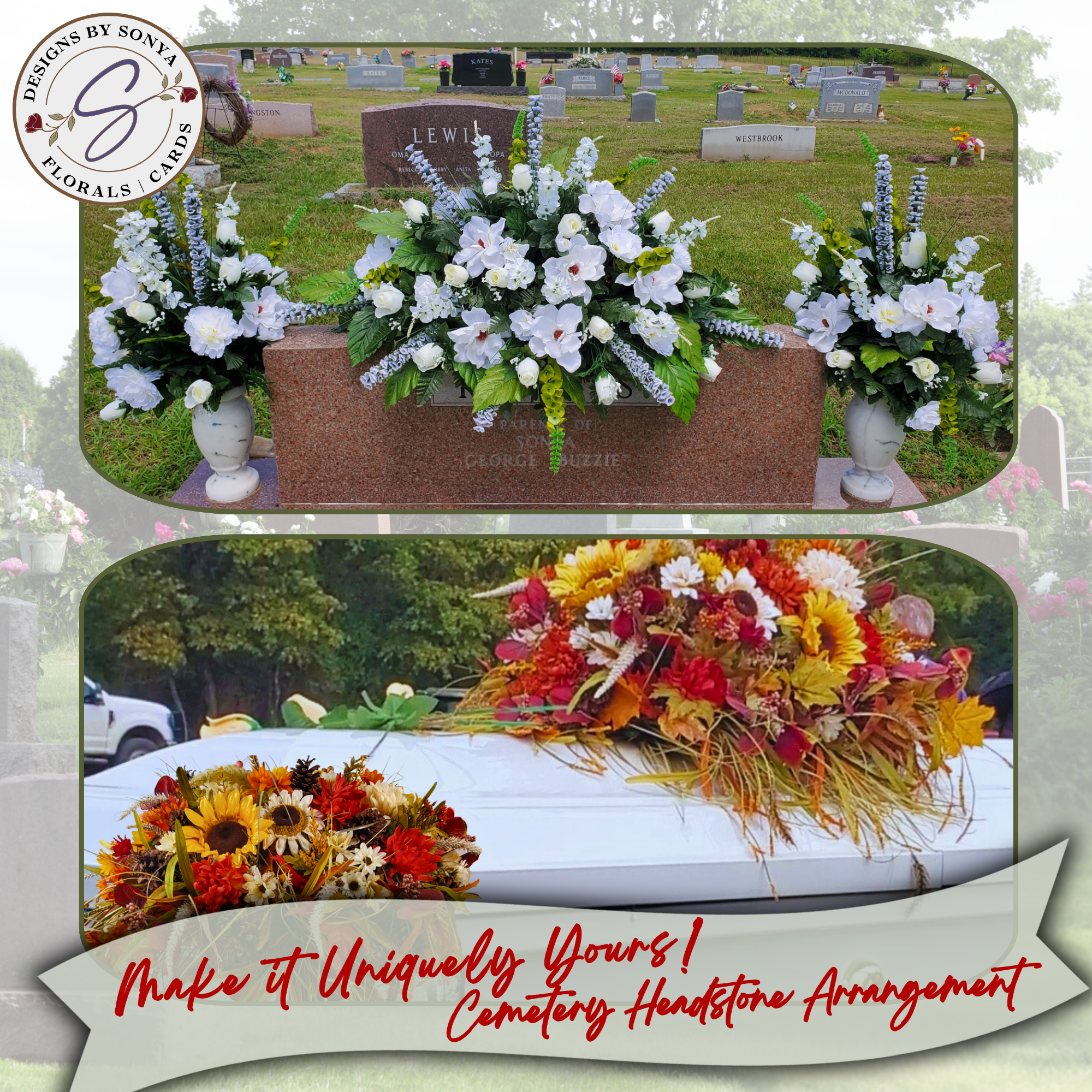 White & Fall Tribute Headstone Saddle
Custom silk headstone saddle arrangement featuring elegant white lilies and delphiniums beside a granite headstone, paired with a vibrant autumn design of sunflowers, orange, and red florals. Durable and handcrafted for lasting memorial beauty.