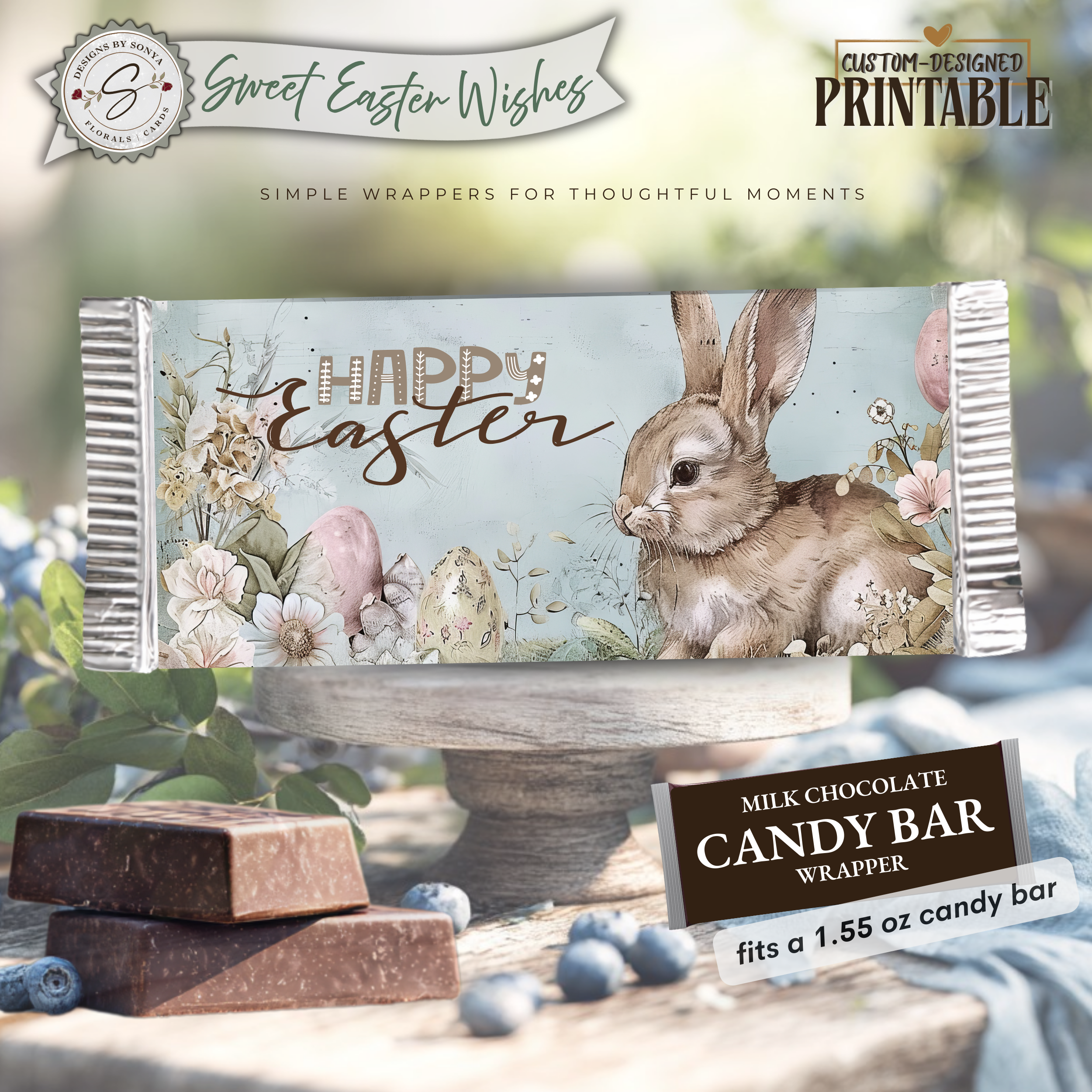 Easter Bunny Candy Bar Wrapper Printable – Sweet Easter Wishes Chocolate Bar Sleeve – Spring Treat Party Favor for Kids, Teachers & Friends