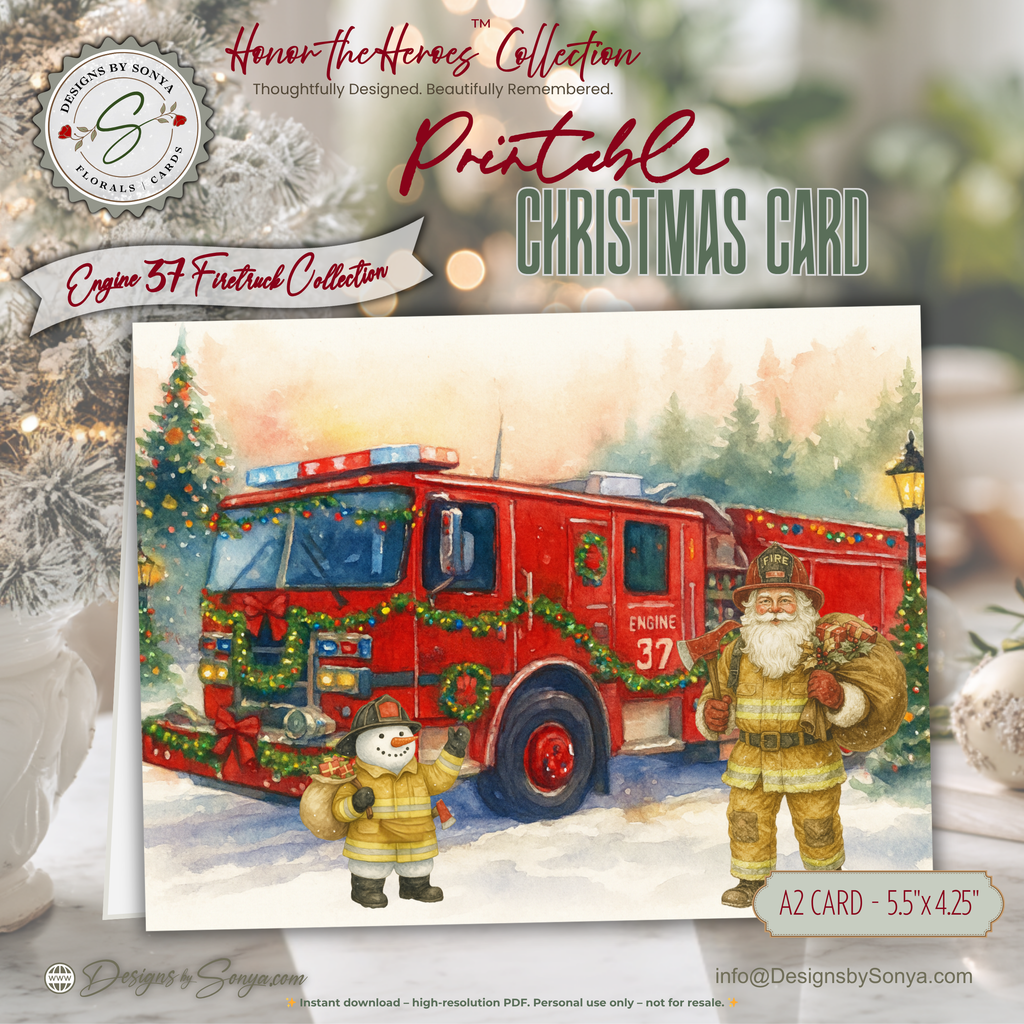 Engine 37 Firetruck Christmas Card Printable | A2 Holiday Card | Honor the Heroes Collection | Firefighter Santa Greeting Card | Envelope Liner