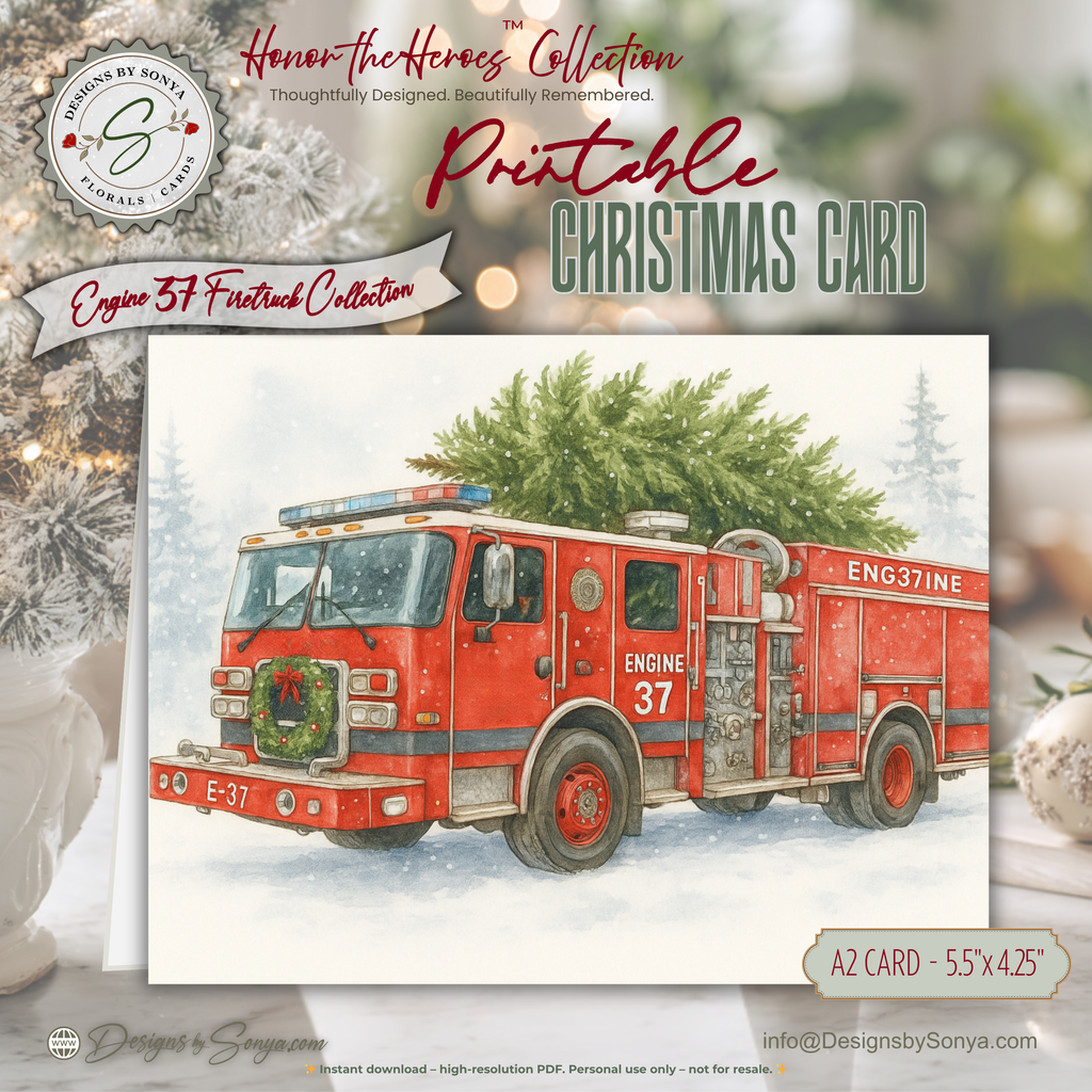 Engine 37 Firetruck Christmas Card Printable | Watercolor Holiday Tree Delivery | A2 (5.5"x4.25") Greeting Card | Firefighter Hero, First Responder Gift