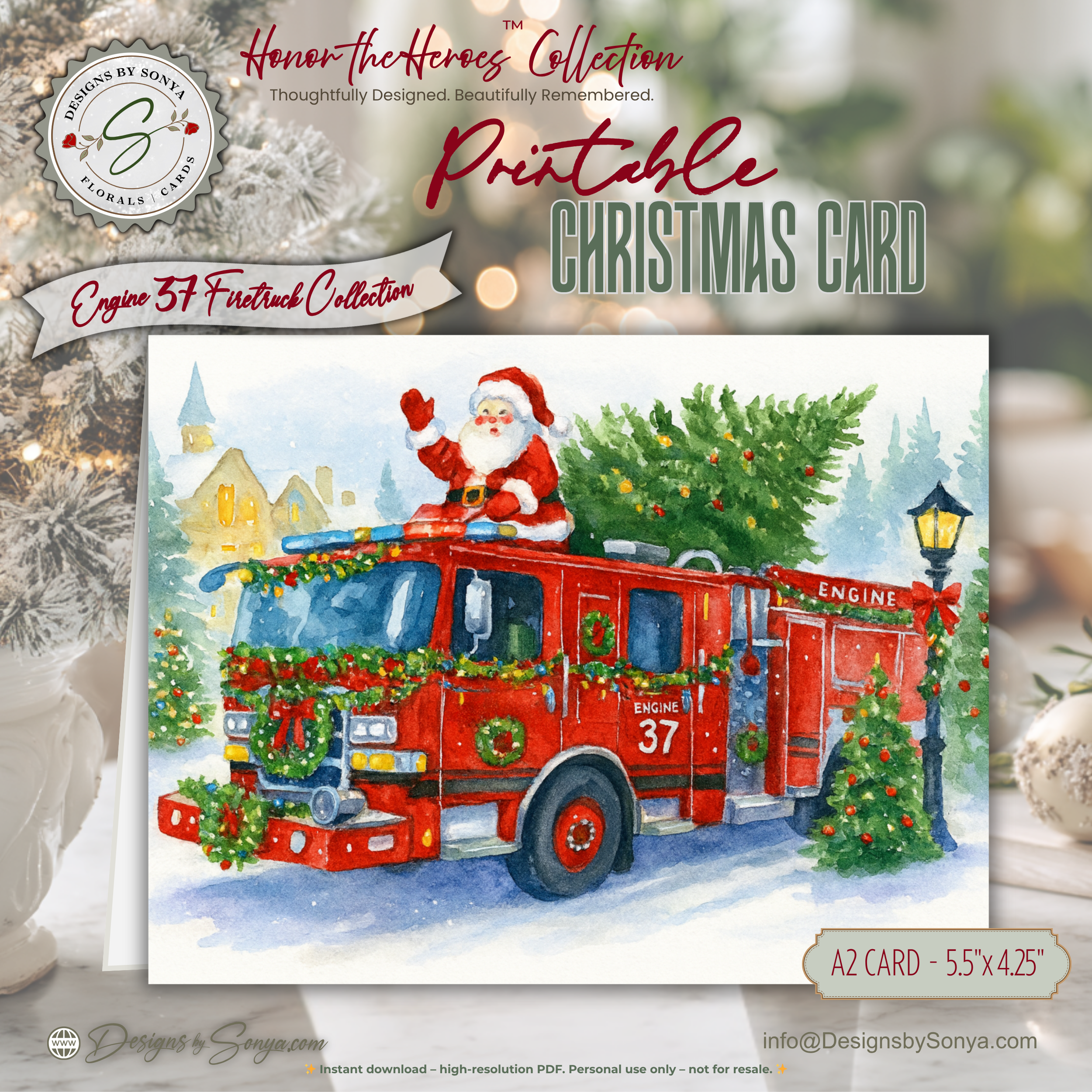 Engine 37 Printable Firetruck Christmas Card • Santa on Firetruck Holiday Greeting • Festive Wreath Scene • A2 (5.5"x4.25") • Instant Download DIY