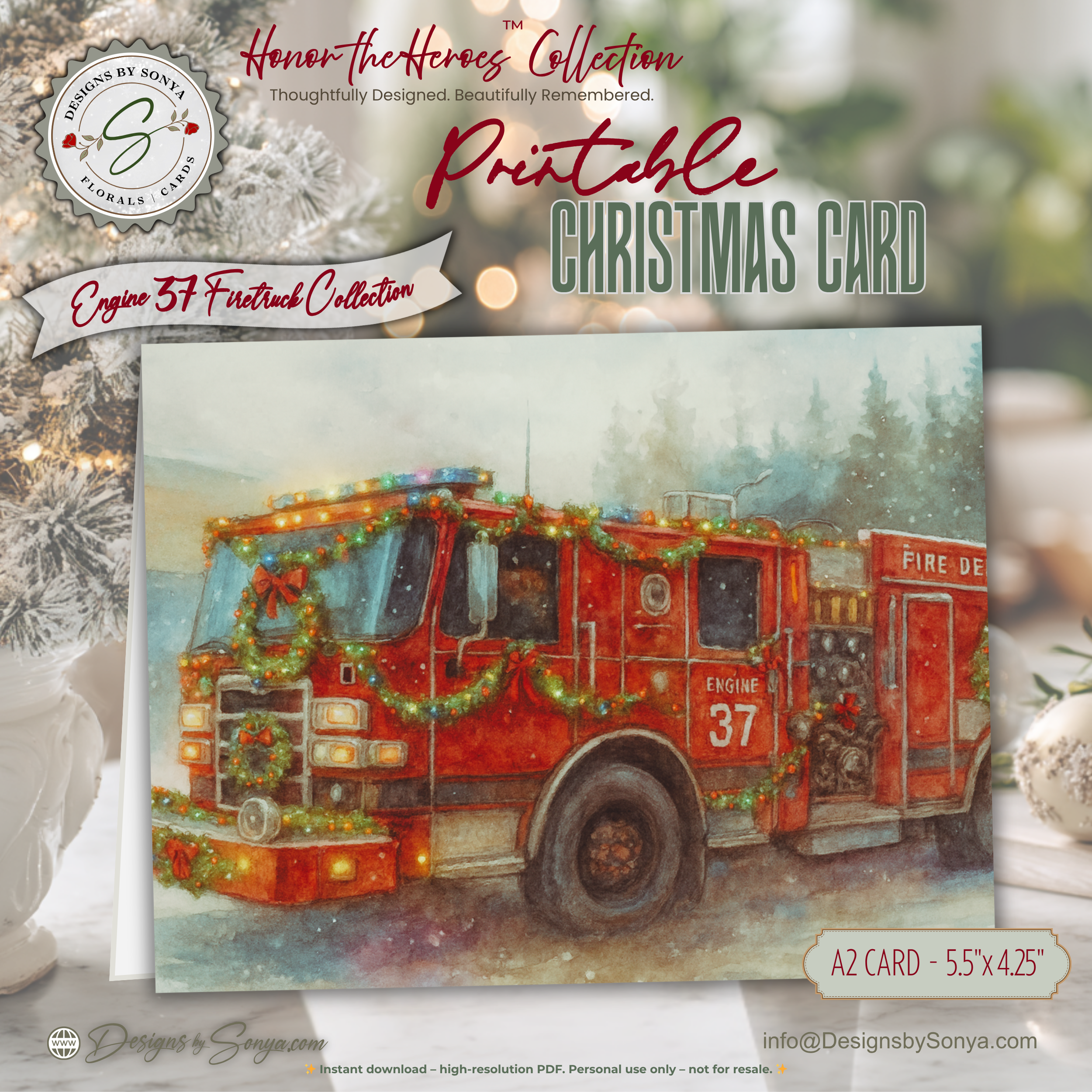 Engine 37 Snowy Firetruck Christmas Card Printable | A2 Holiday Card | Honor the Heroes Collection | Firefighter Greeting Card