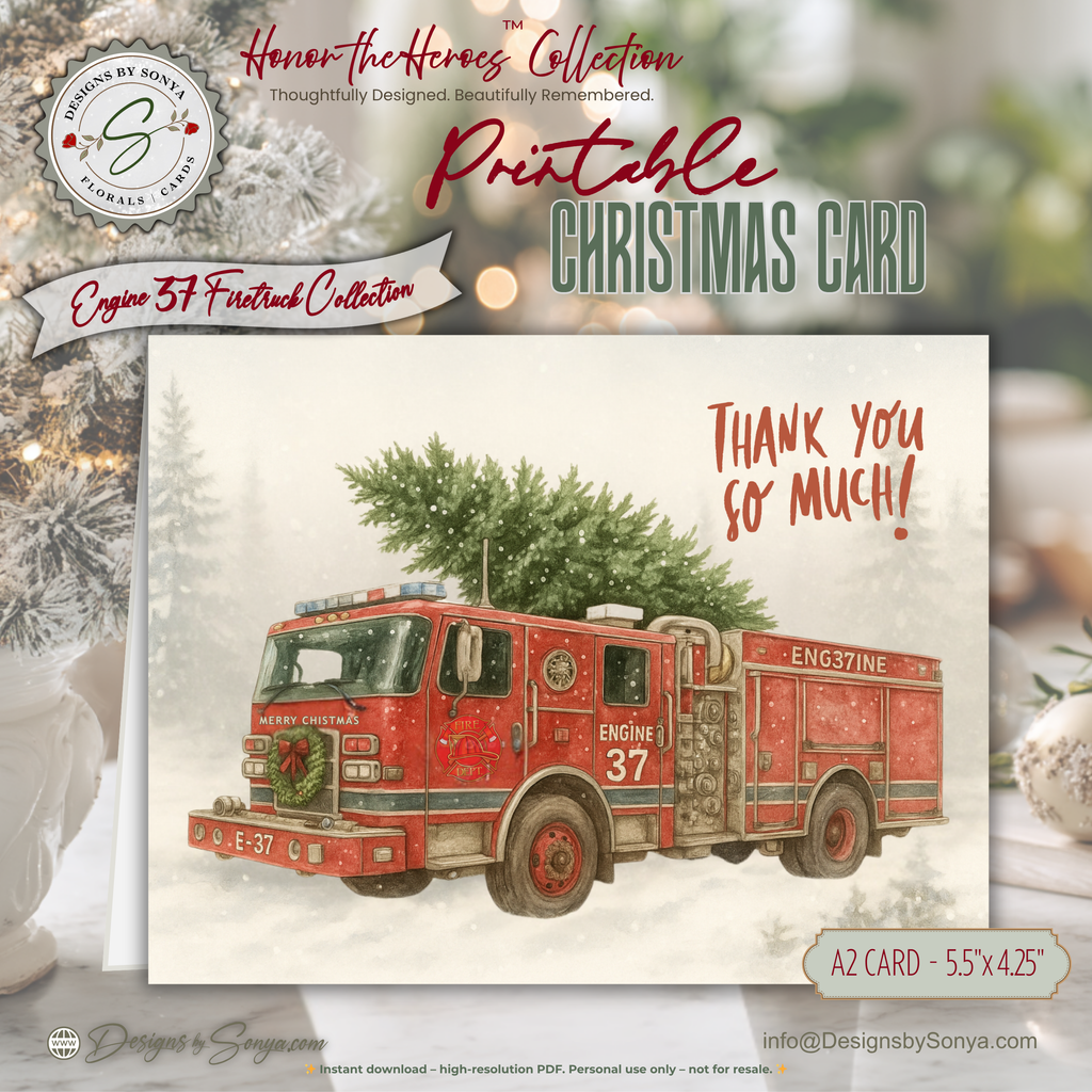 Engine 37 Printable Firetruck Christmas Card • Holiday Thank You Greeting • Festive Wreath Scene • First Responder Appreciation • A2 (5.5"x4.25") • Instant Download DIY