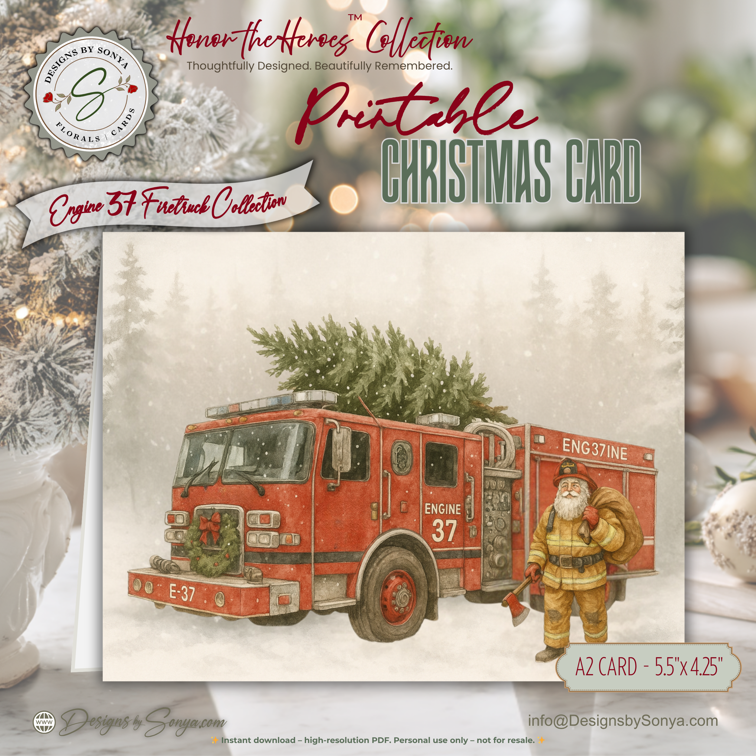 Engine 37 Firetruck Christmas Card · Santa Firefighter with Christmas Tree · Printable Holiday Card • A2 (5.5"x4.25") • Instant Download DIY