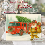 Engine 37 Printable Firetruck Christmas Card • Firefighter Santa with Axe Holiday Greeting • Festive Tree Scene • A2 (5.5"x4.25") • Instant Download DIY