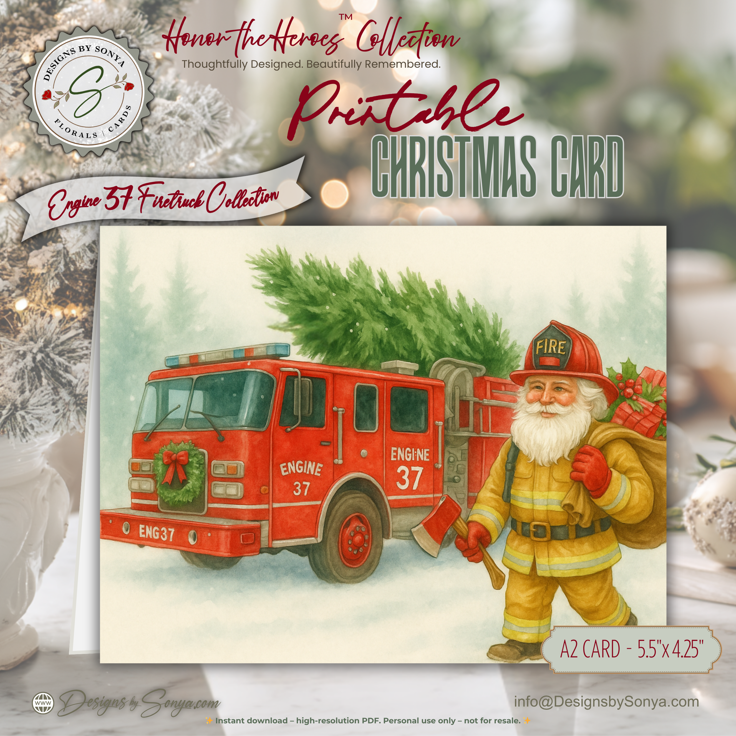 Engine 37 Printable Firetruck Christmas Card • Firefighter Santa with Axe Holiday Greeting • Festive Tree Scene • A2 (5.5"x4.25") • Instant Download DIY