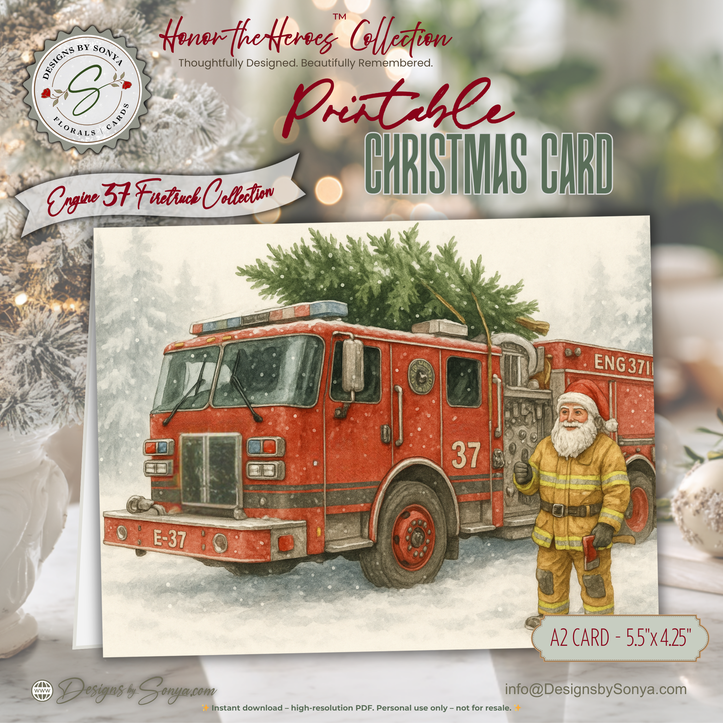 Printable Firetruck Christmas Card • Engine 37 Watercolor Holiday Card • Firefighter A2 (5.5"x4.25") Folded Greeting Card