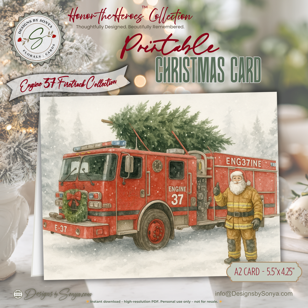 Engine 37 Firetruck Christmas Card Printable • Watercolor Firefighter Santa • Holiday Tree Delivery • Honor the Heroes Collection| A2 (5.5"x4.25") Greeting Card