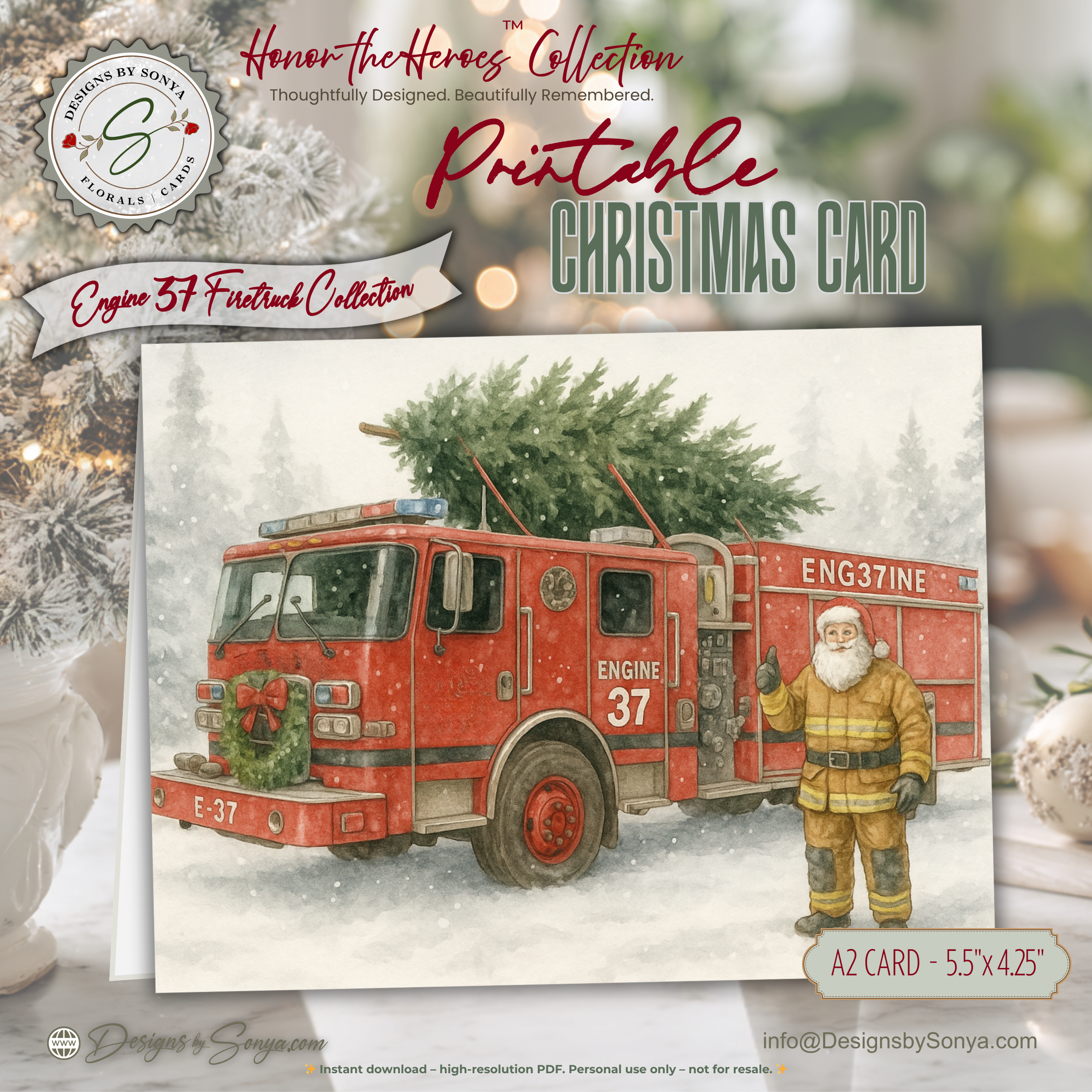 Engine 37 Firetruck Christmas Card Printable • Watercolor Firefighter Santa • Holiday Tree Delivery • Honor the Heroes Collection| A2 (5.5"x4.25") Greeting Card