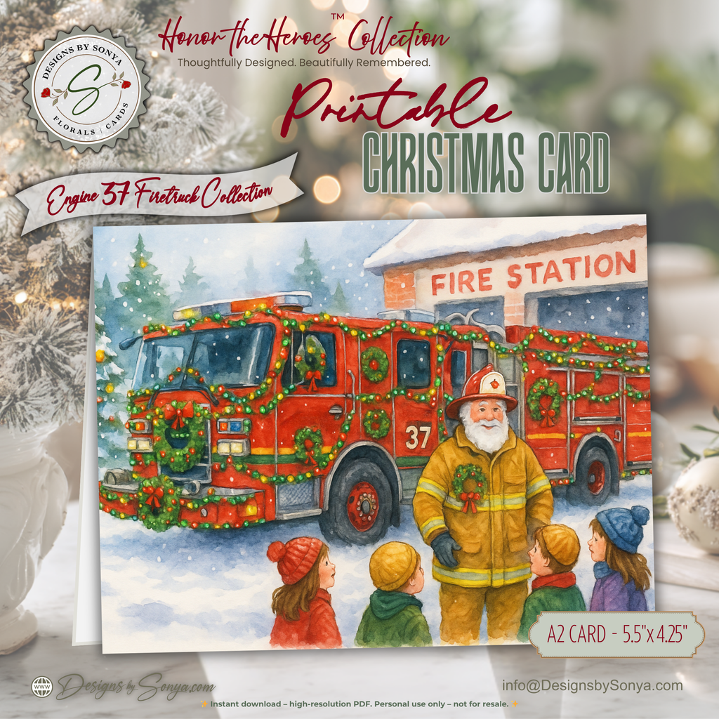 Engine 37 Firetruck Christmas Card Printable | A2 Holiday Card | Honor the Heroes Collection | Fire Station Santa Greeting Card | Envelope Liner