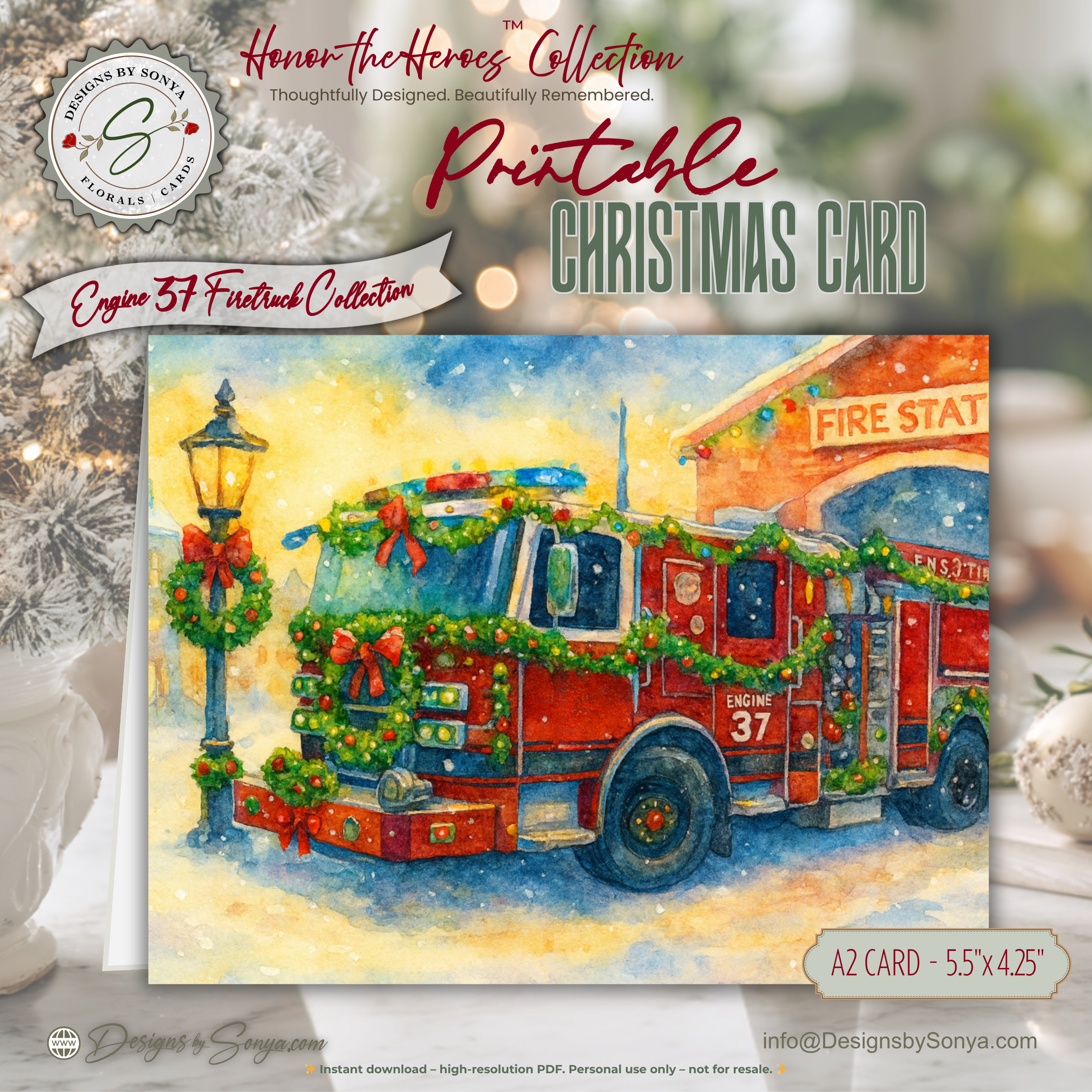 Engine 37 Printable Firetruck Christmas Card • Festive Firehouse Holiday Greeting • A2 (5.5"x4.25") • Garland-Wrapped Truck Scene • Instant Download DIY