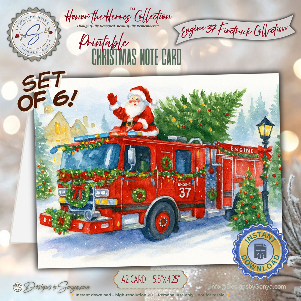 Engine 37 Firetruck Printable Christmas Note Cards | Set of 6 A2 - 5.5"x4.25"| Honor the Firefighter and First Responder Heroes