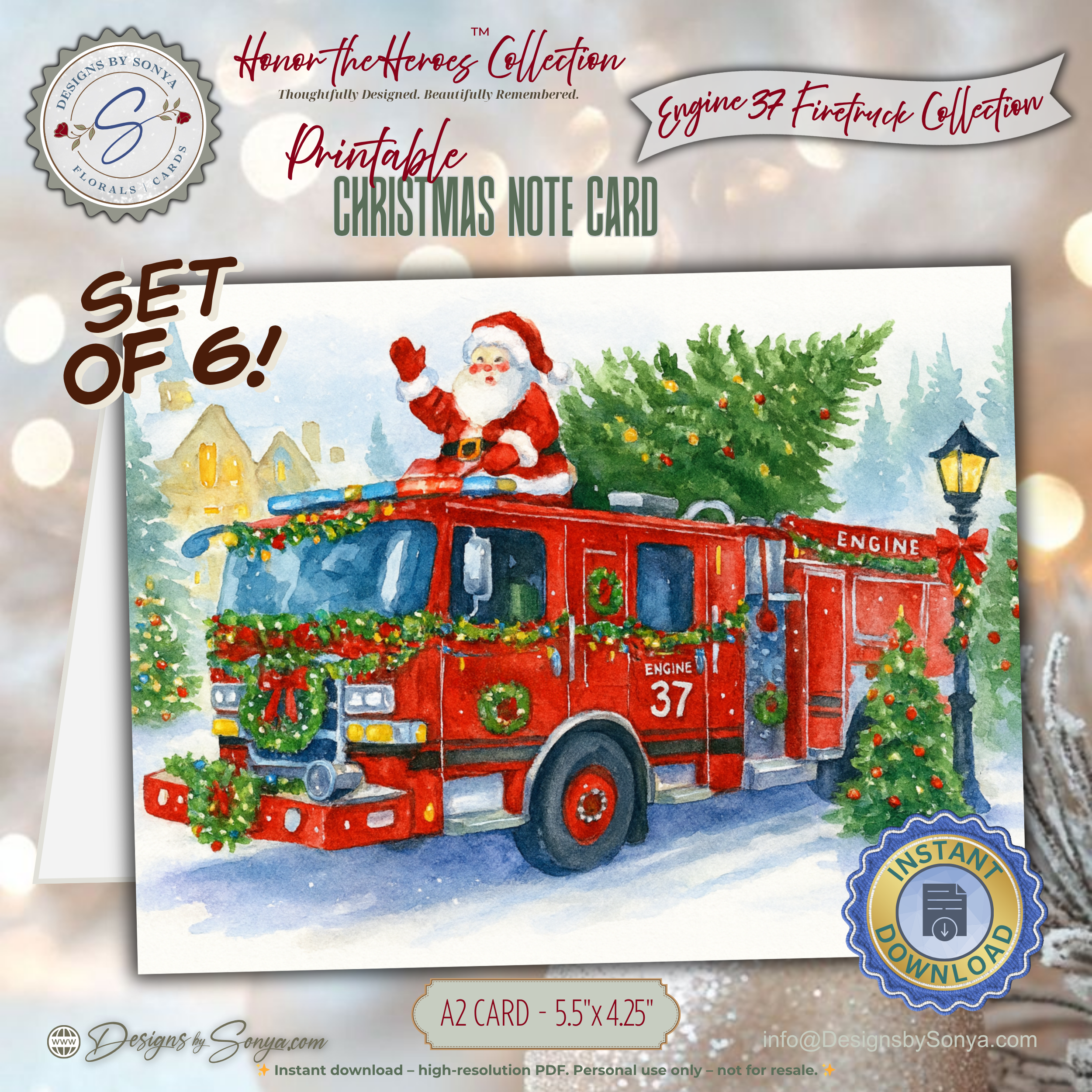 Engine 37 Firetruck Printable Christmas Note Cards | Set of 6 A2 - 5.5"x4.25"| Honor the Firefighter and First Responder Heroes