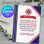 Main Card Design
Patriotic firefighter greeting card with stars, stripes, and bold definition honoring firefighters as courageous heroes.