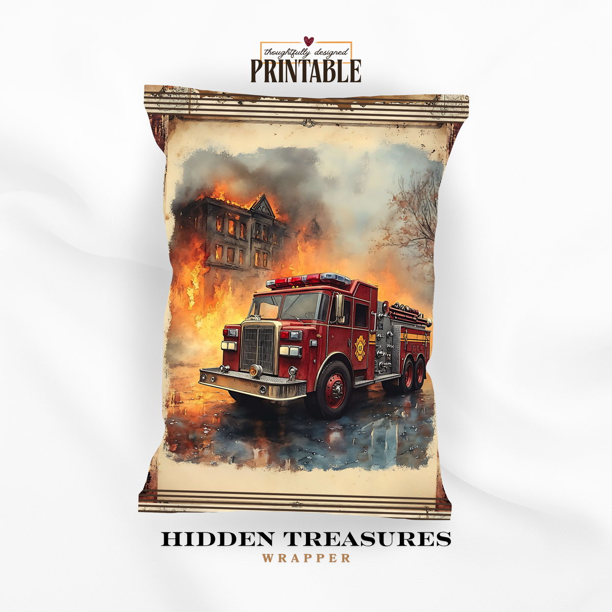 Firefighter Appreciation Hidden Treasures Wrapper | Fire Engine Printable Chip Bag | Fire Department Thank You Gift