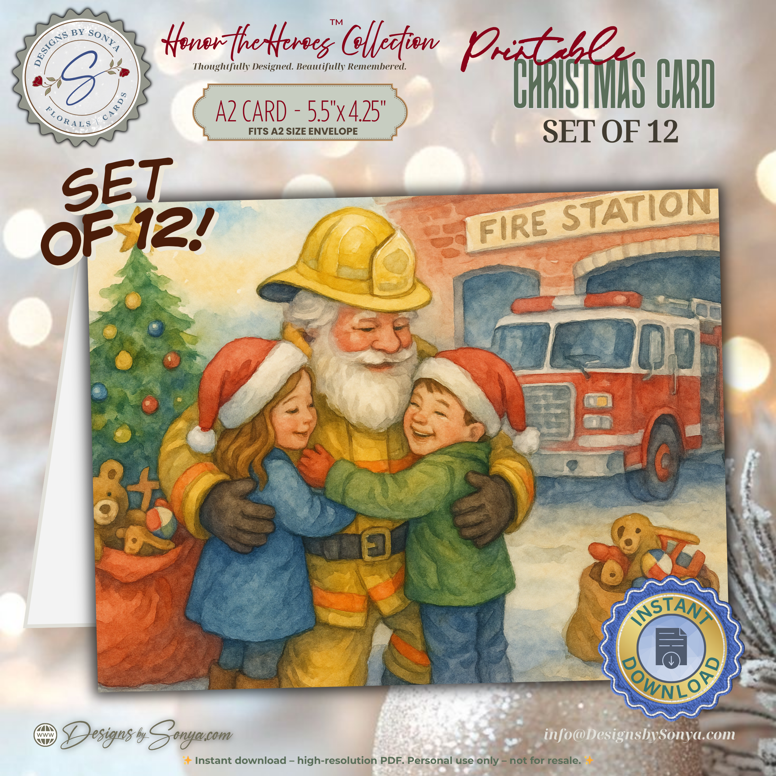 Printable Firefighter Santa Christmas Card Set of 12, A2 Cards (5.5”x4.25”), First Responder Holiday Greetings, Fire Station Watercolor Art