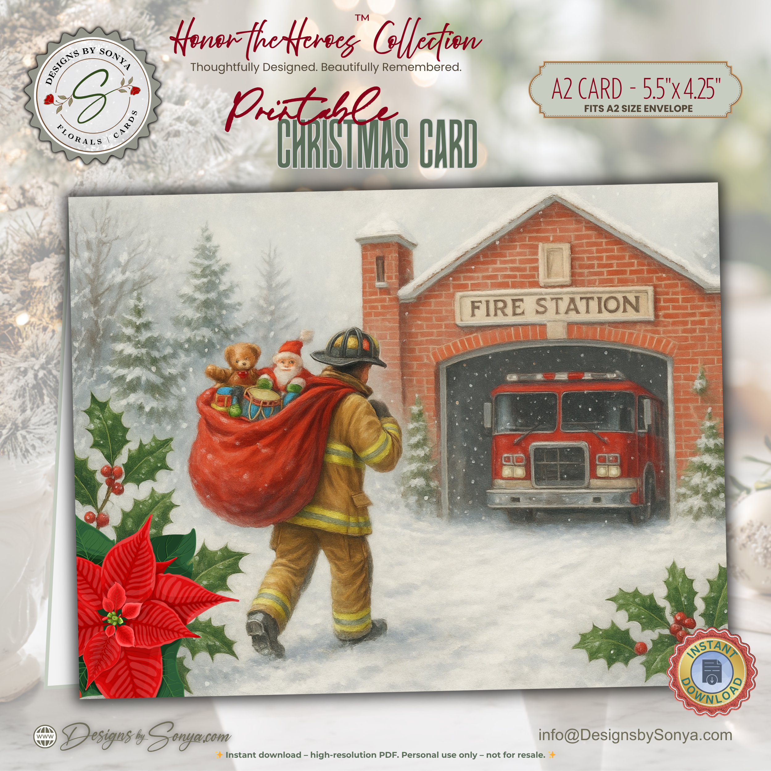 Printable Firefighter Santa Christmas Card • Honor the Heroes Collection • A2 (5.5"x4.25") Folded Card • Holiday Fire Station Art Download