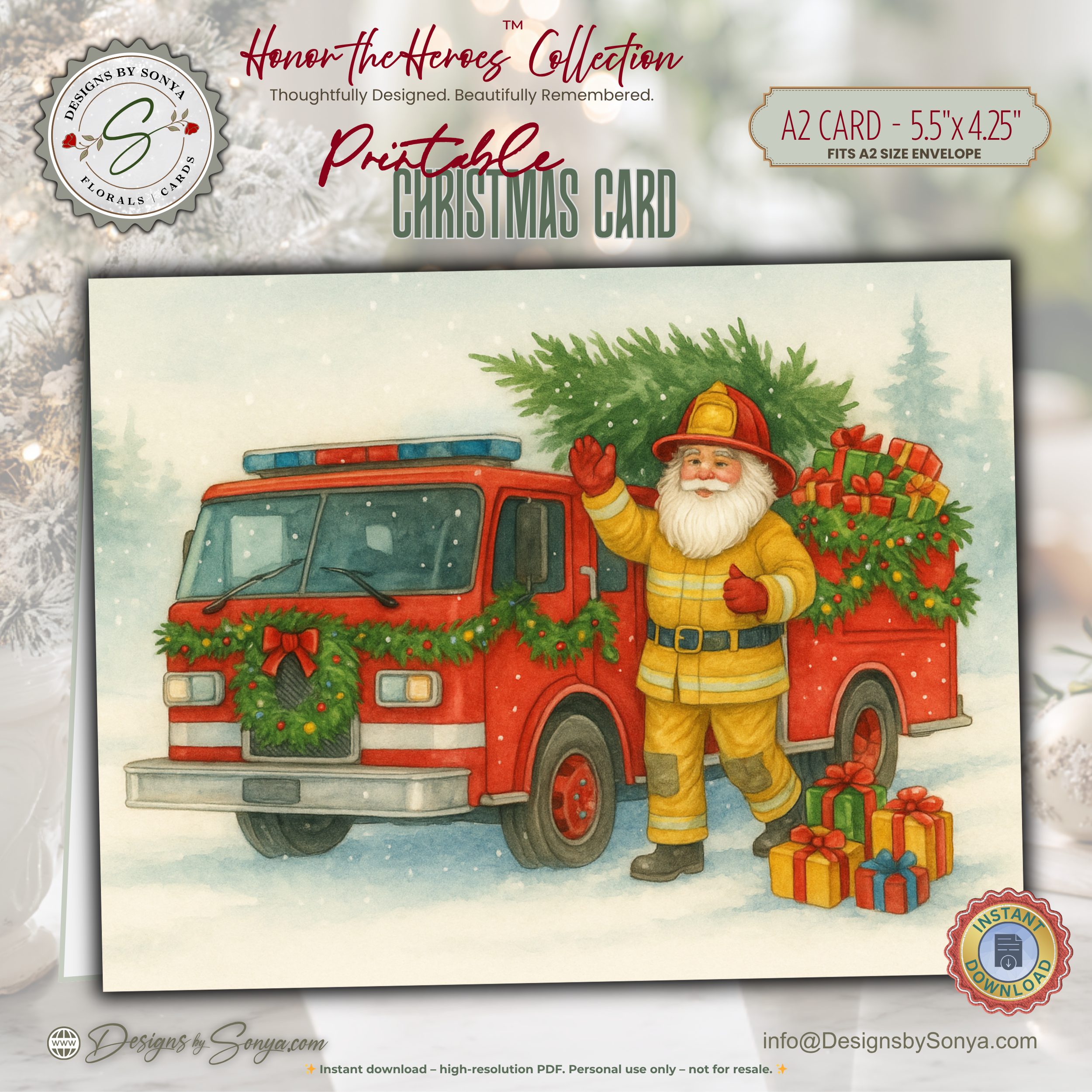 Printable Fireman Santa Christmas Card, Firefighter Holiday Greeting, A2 (5.5”x4.25”), First Responder Gift, Watercolor Fire Truck Scene