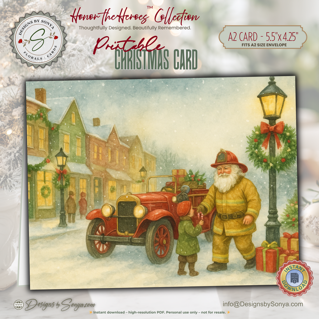 Printable Firefighter Christmas Card | Fireman Santa & Child | Vintage Firetruck Holiday Greeting Card | First Responder Christmas Printable