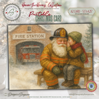 Fireman Santa Printable Christmas Card • A2 (5.5”x4.25”) • Child Whispering at Fire Station, Watercolor First Responder Holiday Art