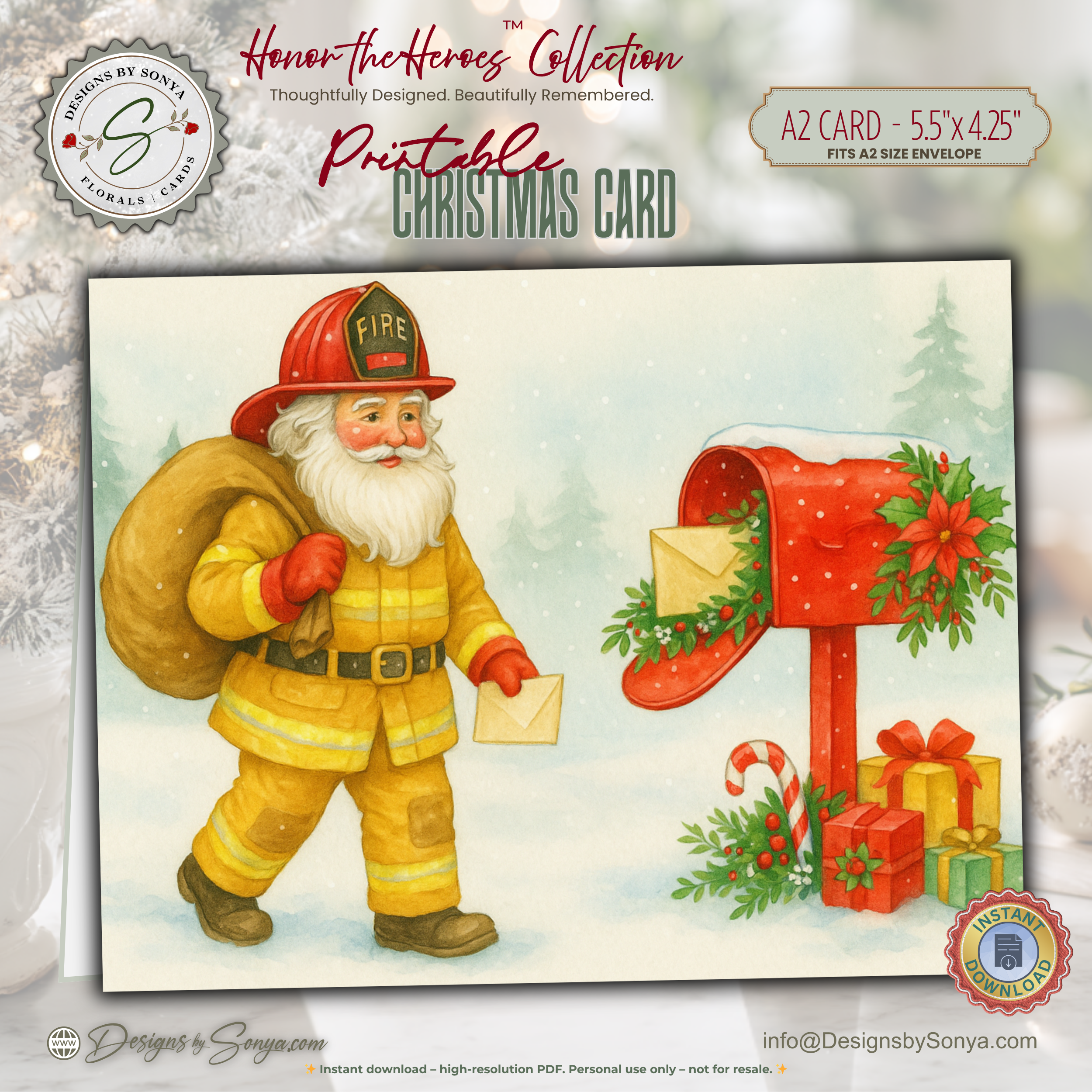 Printable Firefighter Santa Christmas Card, A2 (5.5”x4.25”), Fireman Holiday Greeting, First Responder Gift, Watercolor Art, Mailbox Scene